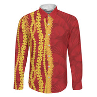 Hawaii Prince Kuhio Family Matching Off Shoulder Maxi Dress and Hawaiian Shirt Red Hawaiian Lau Maia With Leis LT05 Dad's Shirt - Long Sleeve Red - Polynesian Pride