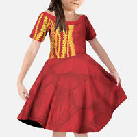 Hawaii Prince Kuhio Family Matching Off Shoulder Short Dress and Hawaiian Shirt Red Hawaiian Lau Maia With Leis LT05 Daughter's Dress Red - Polynesian Pride