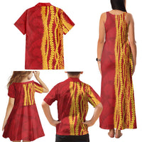 Hawaii Prince Kuhio Family Matching Tank Maxi Dress and Hawaiian Shirt Red Hawaiian Lau Maia With Leis LT05 - Polynesian Pride