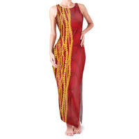 Hawaii Prince Kuhio Family Matching Tank Maxi Dress and Hawaiian Shirt Red Hawaiian Lau Maia With Leis LT05 Mom's Dress Red - Polynesian Pride