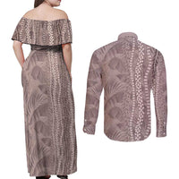 Hawaii Prince Kuhio Couples Matching Off Shoulder Maxi Dress and Long Sleeve Button Shirt Mocha Hawaiian Lau Maia With Leis LT05 - Polynesian Pride