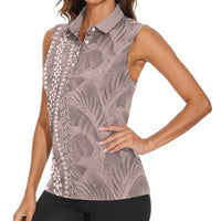 Hawaii Prince Kuhio Women Sleeveless Polo Shirt Mocha Hawaiian Lau Maia With Leis LT05 - Polynesian Pride