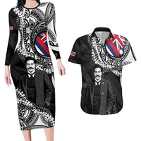 Personalised Hawaii Prince Kuhio Couples Matching Long Sleeve Bodycon Dress and Hawaiian Shirt Hawaiian Maile Lei LT05 Black - Polynesian Pride