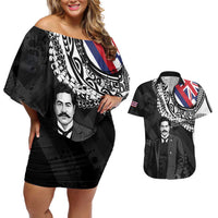 Personalised Hawaii Prince Kuhio Couples Matching Off Shoulder Short Dress and Hawaiian Shirt Hawaiian Maile Lei LT05 Black - Polynesian Pride