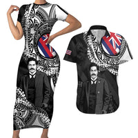 Personalised Hawaii Prince Kuhio Couples Matching Short Sleeve Bodycon Dress and Hawaiian Shirt Hawaiian Maile Lei LT05 Black - Polynesian Pride