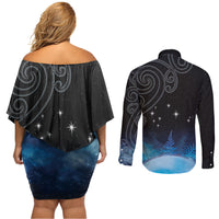 New Zealand Matariki Couples Matching Off Shoulder Short Dress and Long Sleeve Button Shirt Pleiades Star Cluster Blue Galaxy LT05 - Polynesian Pride