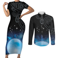New Zealand Matariki Couples Matching Short Sleeve Bodycon Dress and Long Sleeve Button Shirt Pleiades Star Cluster Blue Galaxy