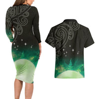 New Zealand Matariki Couples Matching Long Sleeve Bodycon Dress and Hawaiian Shirt Pleiades Star Cluster Green Galaxy LT05 - Polynesian Pride