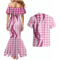 Pink Hawaii Palaka Couples Matching Mermaid Dress and Hawaiian Shirt Hawaiian Honohono Lei
