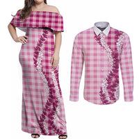 Pink Hawaii Palaka Couples Matching Off Shoulder Maxi Dress and Long Sleeve Button Shirt Hawaiian Honohono Lei LT05 Pink - Polynesian Pride