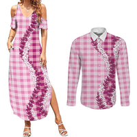 Pink Hawaii Palaka Couples Matching Summer Maxi Dress and Long Sleeve Button Shirt Hawaiian Honohono Lei LT05 Pink - Polynesian Pride