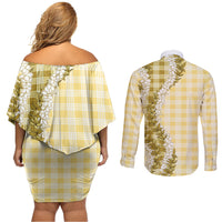 Yellow Hawaii Palaka Couples Matching Off Shoulder Short Dress and Long Sleeve Button Shirt Hawaiian Honohono Lei LT05 - Polynesian Pride