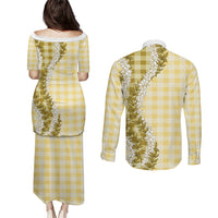 Yellow Hawaii Palaka Couples Matching Puletasi and Long Sleeve Button Shirt Hawaiian Honohono Lei LT05 - Polynesian Pride
