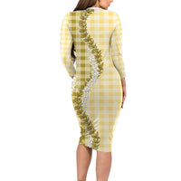 Yellow Hawaii Palaka Family Matching Long Sleeve Bodycon Dress and Hawaiian Shirt Hawaiian Honohono Lei LT05 - Polynesian Pride