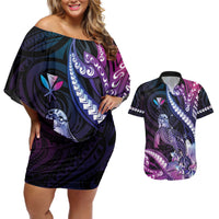 Hawaiian Monk Seal Couples Matching Off Shoulder Short Dress and Hawaiian Shirt Kakau Tribal Pattern Violet Gradient