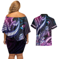 Hawaiian Monk Seal Couples Matching Off Shoulder Short Dress and Hawaiian Shirt Kakau Tribal Pattern Violet Gradient