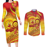 Vanuatu 45 Yia Indipendens Anivesari Couples Matching Long Sleeve Bodycon Dress and Long Sleeve Button Shirt Tamtam Drum With Boar Tusk - Polynesian Pride