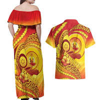 Vanuatu 45 Yia Indipendens Anivesari Couples Matching Off Shoulder Maxi Dress and Hawaiian Shirt Tamtam Drum With Boar Tusk - Polynesian Pride