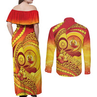 Vanuatu 45 Yia Indipendens Anivesari Couples Matching Off Shoulder Maxi Dress and Long Sleeve Button Shirt Tamtam Drum With Boar Tusk - Polynesian Pride