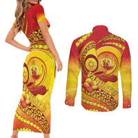 Vanuatu 45 Yia Indipendens Anivesari Couples Matching Short Sleeve Bodycon Dress and Long Sleeve Button Shirt Tamtam Drum With Boar Tusk - Polynesian Pride