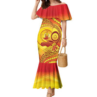 Vanuatu 45 Yia Indipendens Anivesari Family Matching Mermaid Dress and Hawaiian Shirt Tamtam Drum With Boar Tusk LT05 Mom's Dress Yellow - Polynesian Pride