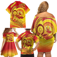 Vanuatu 45 Yia Indipendens Anivesari Family Matching Off Shoulder Short Dress and Hawaiian Shirt Tamtam Drum With Boar Tusk - Polynesian Pride