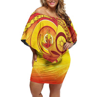 Vanuatu 45 Yia Indipendens Anivesari Family Matching Off Shoulder Short Dress and Hawaiian Shirt Tamtam Drum With Boar Tusk - Polynesian Pride