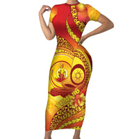 Vanuatu 45 Yia Indipendens Anivesari Short Sleeve Bodycon Dress Tamtam Drum With Boar Tusk LT05 Long Dress Yellow - Polynesian Pride