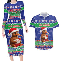 New Zealand Christmas Couples Matching Long Sleeve Bodycon Dress and Hawaiian Shirt Have Yourself A Kiwi-tastic Christmas LT05 Blue - Polynesian Pride