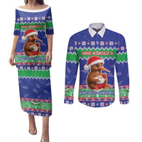 New Zealand Christmas Couples Matching Puletasi and Long Sleeve Button Shirt Have Yourself A Kiwi-tastic Christmas LT05 Blue - Polynesian Pride