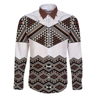 New Zealand Aotearoa Family Matching Off Shoulder Long Sleeve Dress and Hawaiian Shirt Taniko Art Simple Style LT05 Dad's Shirt - Long Sleeve Brown - Polynesian Pride
