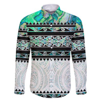 New Zealand Aotearoa Family Matching Off Shoulder Maxi Dress and Hawaiian Shirt With Paua Shell Kowhaiwhai Pattern LT05 Dad's Shirt - Long Sleeve Green - Polynesian Pride