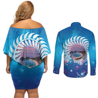 New Zealand Matapouri Beach Landscape Couples Matching Off Shoulder Short Dress and Long Sleeve Button Shirt