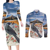 New Zealand Mount Taranaki Landscape Couples Matching Long Sleeve Bodycon Dress and Long Sleeve Button Shirt Kokako Bird Polynesian Style