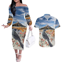 New Zealand Mount Taranaki Landscape Couples Matching Off The Shoulder Long Sleeve Dress and Hawaiian Shirt Kokako Bird Polynesian Style