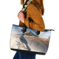 New Zealand Mount Taranaki Landscape Leather Tote Bag Kokako Bird Polynesian Style LT05 Blue - Polynesian Pride