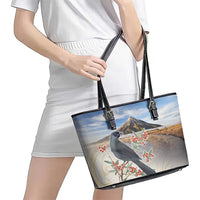 New Zealand Mount Taranaki Landscape Leather Tote Bag Kokako Bird Polynesian Style LT05 - Polynesian Pride
