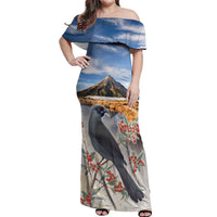 New Zealand Mount Taranaki Landscape Off Shoulder Maxi Dress Kokako Bird Polynesian Style