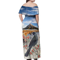 New Zealand Mount Taranaki Landscape Off Shoulder Maxi Dress Kokako Bird Polynesian Style