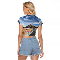 New Zealand Mount Taranaki Landscape Raglan Cropped T Shirt Kokako Bird Polynesian Style