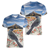 New Zealand Mount Taranaki Landscape Women V-Neck T-Shirt Kokako Bird Polynesian Style