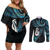 New Zealand Aotearoa Couples Matching Off Shoulder Short Dress and Long Sleeve Button Shirt Maori Manaia Paua Shell Glitter Turquoise LT05 Turquoise - Polynesian Pride