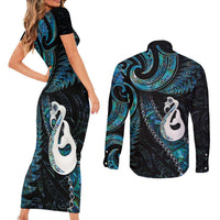 New Zealand Aotearoa Couples Matching Short Sleeve Bodycon Dress and Long Sleeve Button Shirt Maori Manaia Paua Shell Glitter Turquoise