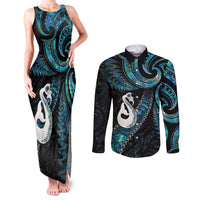 New Zealand Aotearoa Couples Matching Tank Maxi Dress and Long Sleeve Button Shirt Maori Manaia Paua Shell Glitter Turquoise LT05 Turquoise - Polynesian Pride