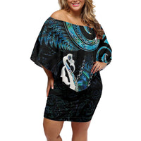 New Zealand Aotearoa Family Matching Off Shoulder Short Dress and Hawaiian Shirt Maori Manaia Paua Shell Glitter Turquoise LT05 Mom's Dress Turquoise - Polynesian Pride