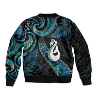 New Zealand Aotearoa Sleeve Zip Bomber Jacket Maori Manaia Paua Shell Glitter Turquoise