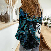 New Zealand Aotearoa Women Casual Shirt Maori Manaia Paua Shell Glitter Turquoise LT05 - Polynesian Pride