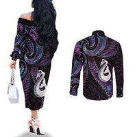 New Zealand Aotearoa Couples Matching Off The Shoulder Long Sleeve Dress and Long Sleeve Button Shirt Maori Manaia Paua Shell Glitter Purple