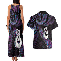 New Zealand Aotearoa Couples Matching Tank Maxi Dress and Hawaiian Shirt Maori Manaia Paua Shell Glitter Purple