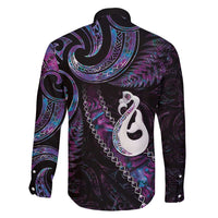New Zealand Aotearoa Family Matching Off Shoulder Short Dress and Hawaiian Shirt Maori Manaia Paua Shell Glitter Purple LT05 - Polynesian Pride